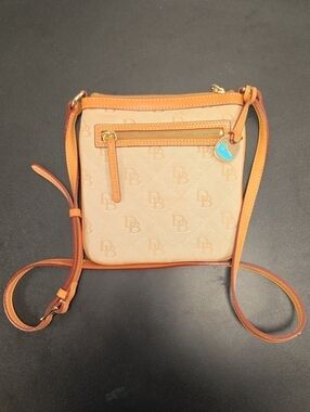 Dooney & Bourke Tan Crossbody with Orange Trim and Blue Logo Charm